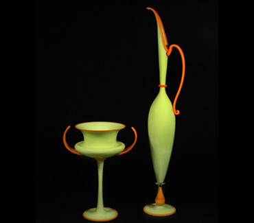 chartreuse and orange glass goblet and pitcher