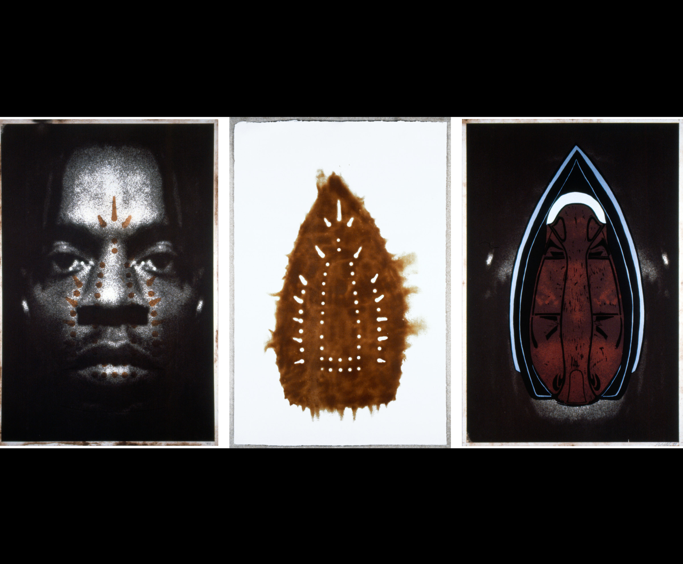 a photo triptych of man, spirit, mask