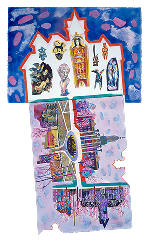 Colorful, abstract art combining architectural elements and figures. Left side features religious icons; right side depicts a building against a pastel sky. Vibrant, dynamic tone.