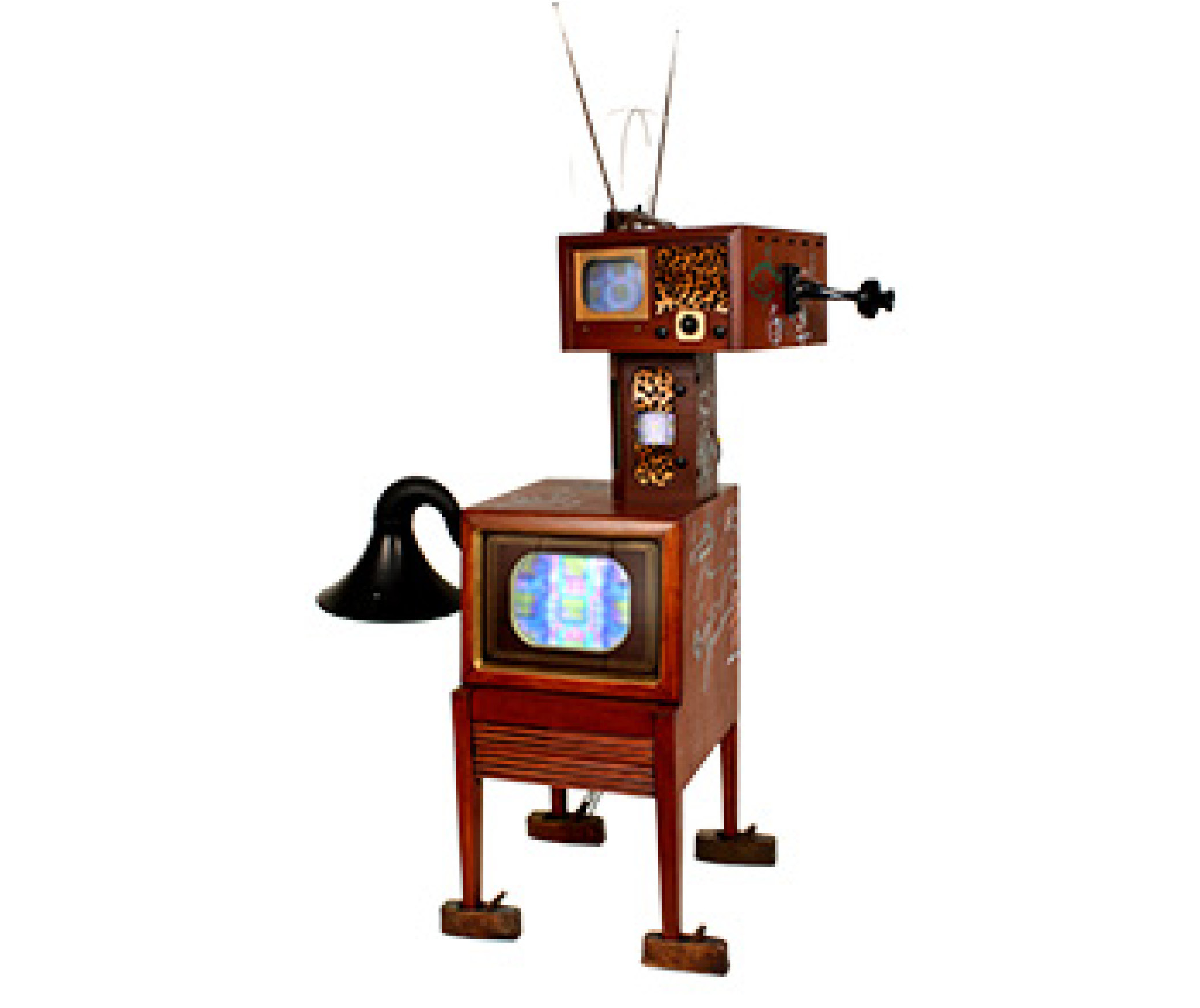 sculpture combining old 50's style tvs