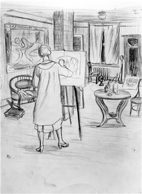 A woman stands at an easel, sketching in a cozy room with art on the walls, elegant furniture, and warm lighting, conveying a serene, creative atmosphere.