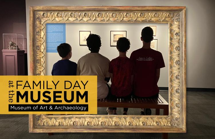Four people sit on a bench, facing artwork in a museum gallery. A decorative frame surrounds them. Text overlay: "Family Day at the Museum."