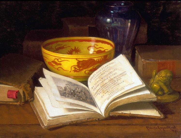 A still life painting depicts an open book with Asian script, a yellow bowl with red dragon designs, a blue vase, and a small statue on a wooden table.