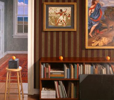 painting of a bookshelf with oranges under a wall with striped wallpaper with two paintings hanging