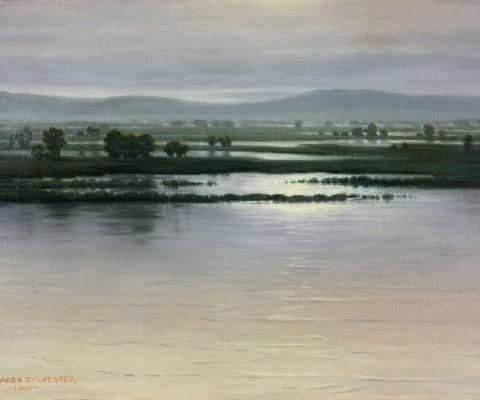 river bank and skyline painting